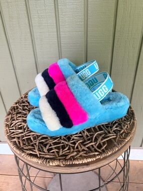 New UGG Fluff Yeah Slide Clear Water Multi Striped Sandals Slippers Women's 7 NW